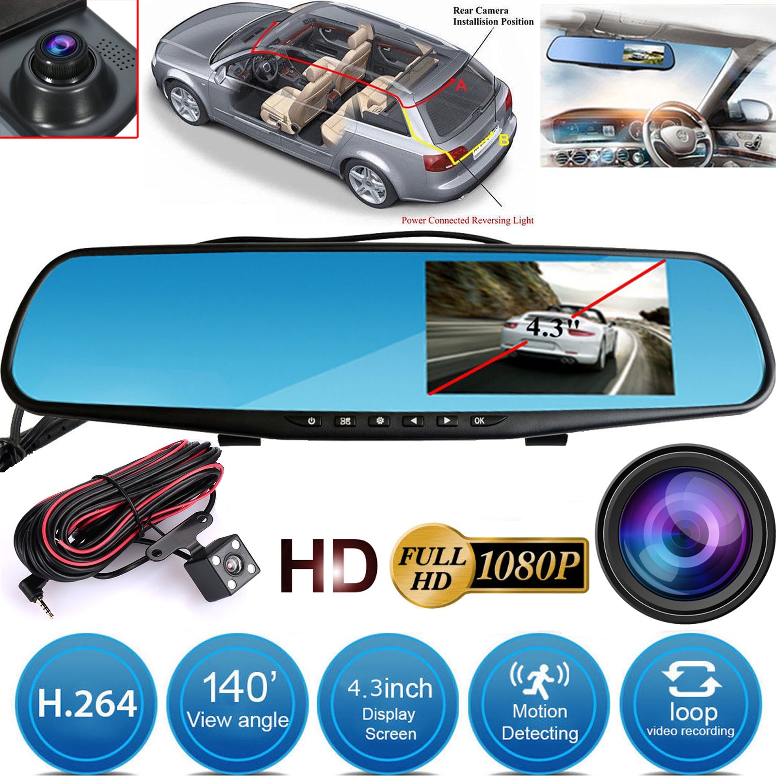 Rearview Mirror Motion Detector Dashcam
